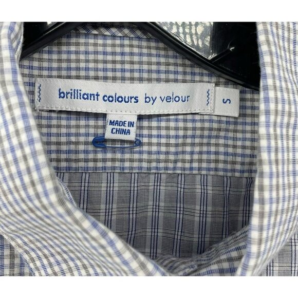 Brilliant Colours by Velour Button Shirt Men’s Sz S Blue Plaid Roll-Tab Pockets - Picture 10 of 12